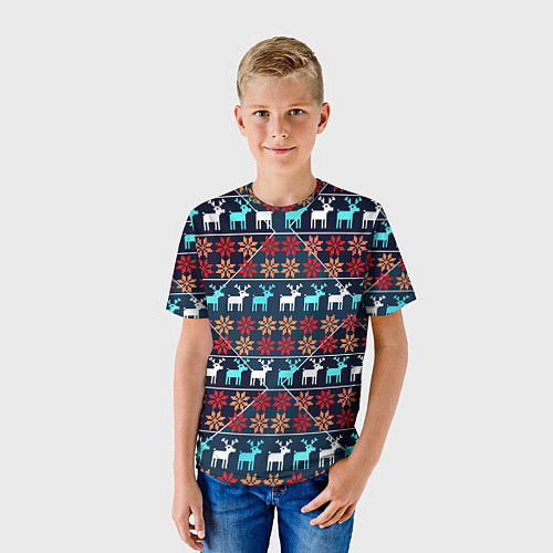 Детская футболка Новогодние олени и снежинки узор / 3D-принт – фото 3