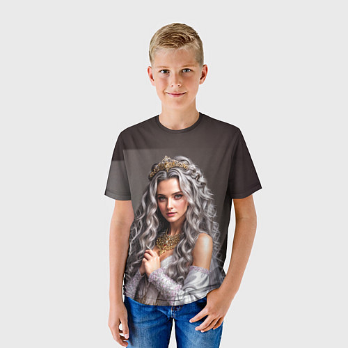 Детская футболка Девушка с пепельно-серыми вьющимися волосами / 3D-принт – фото 3