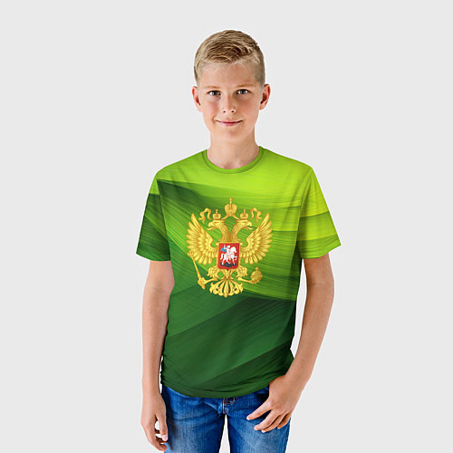 Детская футболка Золотистый герб России на зеленом фоне / 3D-принт – фото 3
