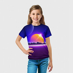 Футболка детская Mountains - sun - space - vaporwave, цвет: 3D-принт — фото 2