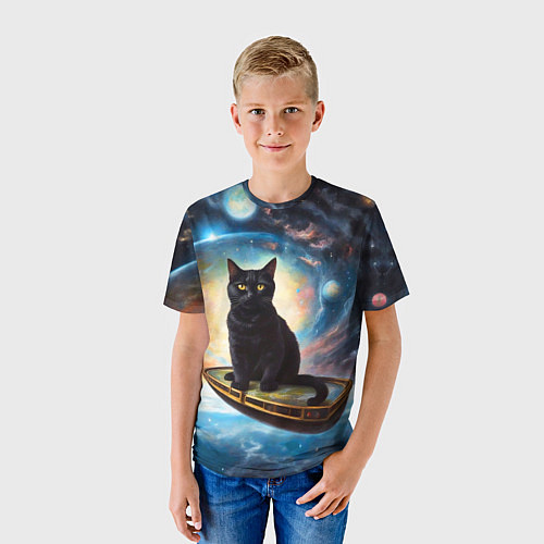 Детская футболка Черный кот на космическом корабле летящий в космос / 3D-принт – фото 3