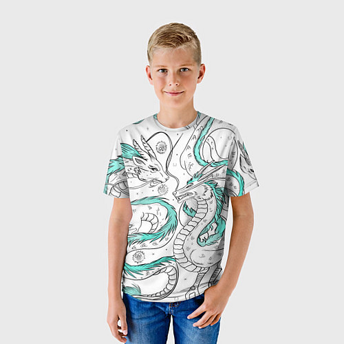 Детская футболка Дракон Хаку в стиле тату: белый и бирюзовый паттер / 3D-принт – фото 3