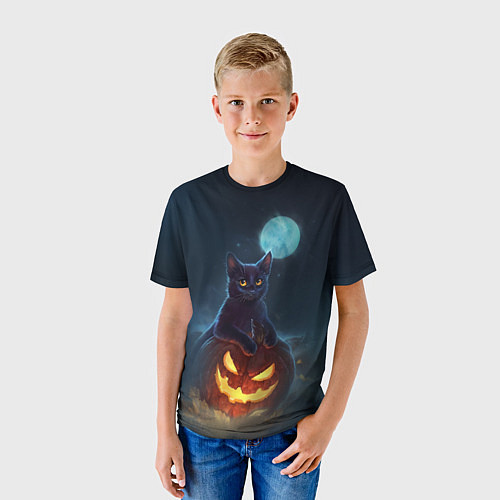 Детская футболка Кот с тыквой - хэллоуин / 3D-принт – фото 3