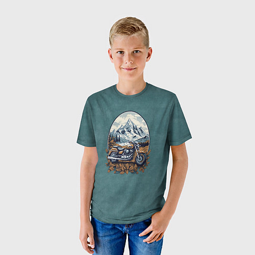 Детская футболка Ретро мотоцикл на фоне гор / 3D-принт – фото 3