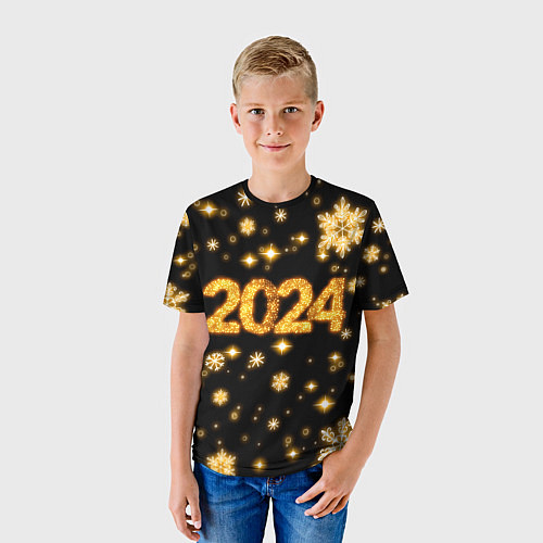 Детская футболка Новый 2024 год - золотые снежинки / 3D-принт – фото 3