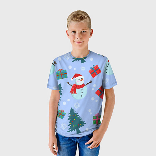 Детская футболка Снеговики с новогодними подарками паттерн / 3D-принт – фото 3