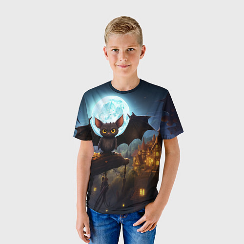 Детская футболка Летучая мышка на фоне луны и замка / 3D-принт – фото 3