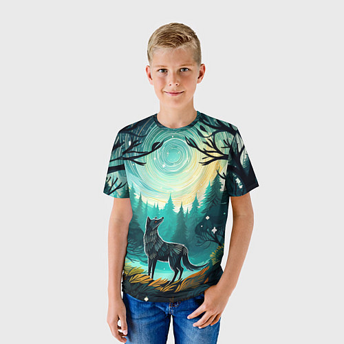Детская футболка Волк в ночном лесу фолк-арт / 3D-принт – фото 3