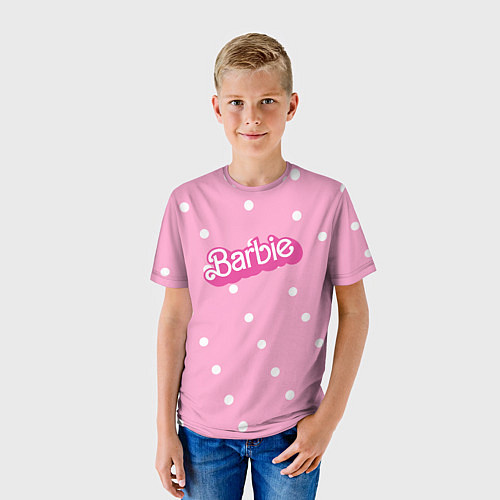 Детская футболка Барби - белый горошек на розовом / 3D-принт – фото 3