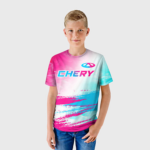 Детская футболка Chery neon gradient style: символ сверху / 3D-принт – фото 3