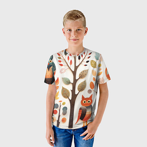 Детская футболка Совы в осеннем лесу в стиле фолк-арт / 3D-принт – фото 3