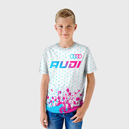 Детская футболка Audi neon gradient style: символ сверху / 3D-принт – фото 3