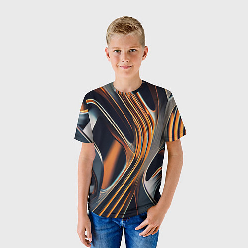 Детская футболка Слияние красок оранжевого и чёрного абстракция / 3D-принт – фото 3