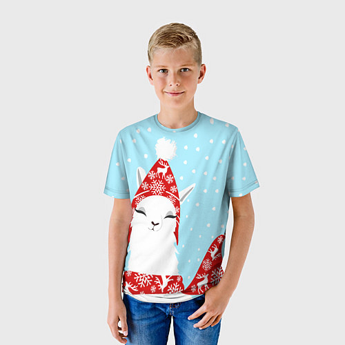 Детская футболка Лама - альпака в шапочке зимой / 3D-принт – фото 3