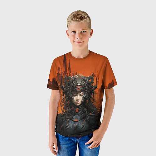 Детская футболка Девушка и оранжевый город / 3D-принт – фото 3