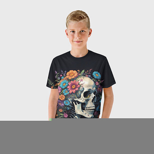 Детская футболка Улыбающийся скелет среди цветов / 3D-принт – фото 3