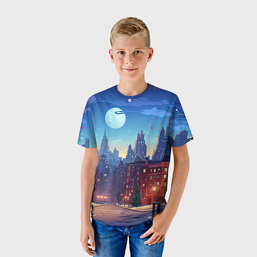 Детская футболка Ночной новогодний город / 3D-принт – фото 3