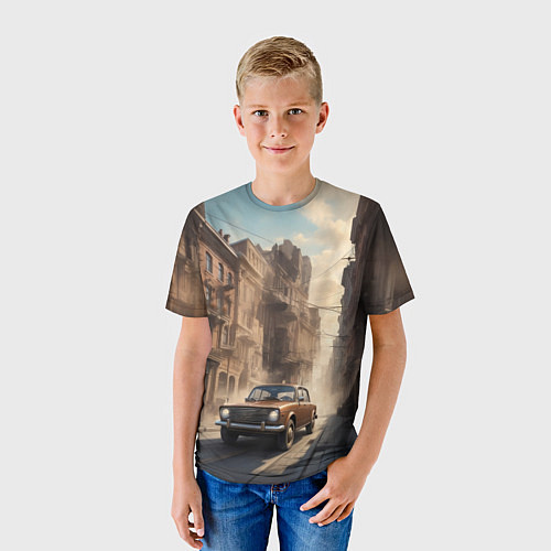 Детская футболка Автопробег по пыльному городу / 3D-принт – фото 3