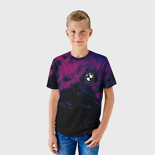 Детская футболка БМВ на фоне сиреневого дыма / 3D-принт – фото 3