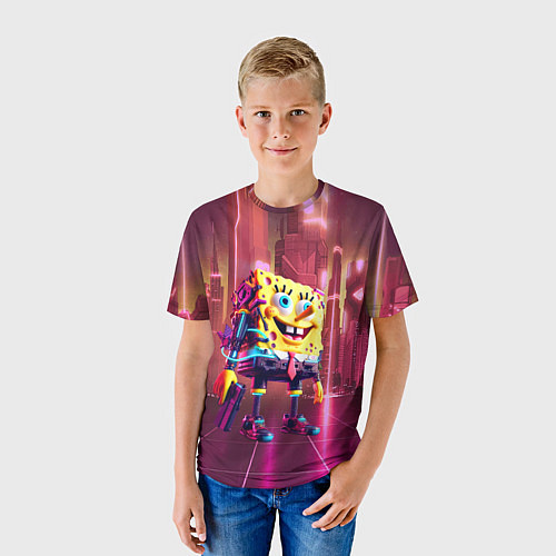 Детская футболка Губка Боб с пистолетом в неоновом городе / 3D-принт – фото 3