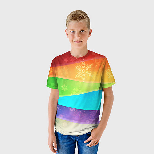 Детская футболка Абстрактный разноцветный волнистый фон со снежинка / 3D-принт – фото 3