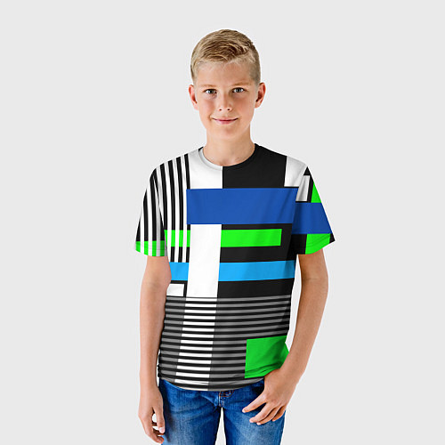 Детская футболка Геометрический узор сине -зеленый в стиле пэчворк / 3D-принт – фото 3