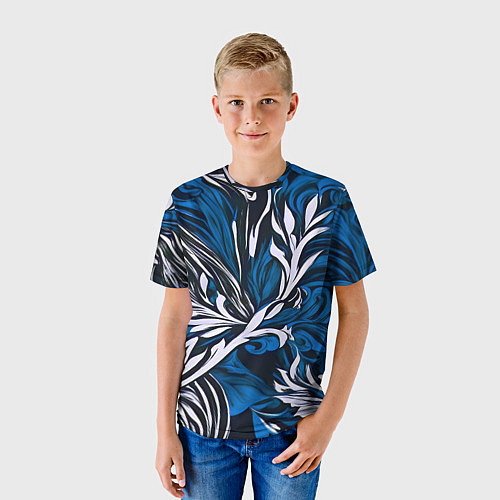 Детская футболка Синий и белый узор на чёрном фоне / 3D-принт – фото 3