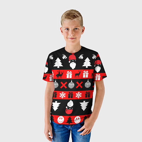 Детская футболка Новогодний патерн с оленями и сантой / 3D-принт – фото 3