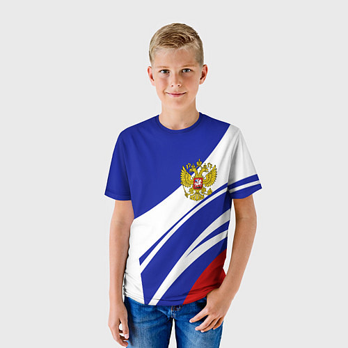 Детская футболка Герб России на абстрактных полосах / 3D-принт – фото 3