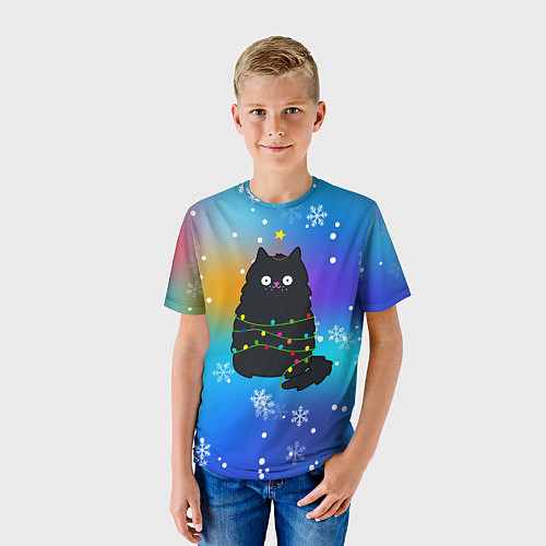 Детская футболка Новогодний котик и снежинки / 3D-принт – фото 3