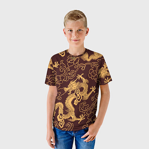 Детская футболка Черно-золотая гравюра дракона / 3D-принт – фото 3