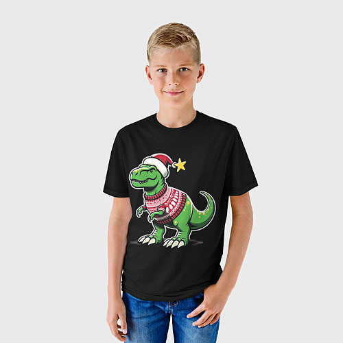 Детская футболка Динозавр в рождественнском свитере / 3D-принт – фото 3