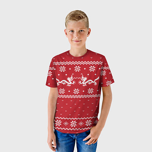 Детская футболка Новогодний свитер с драконами / 3D-принт – фото 3