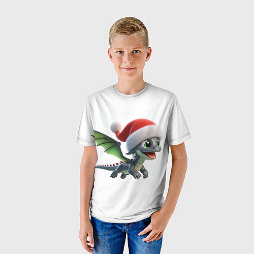 Детская футболка Милый дракончик, в шапке деда мороза / 3D-принт – фото 3