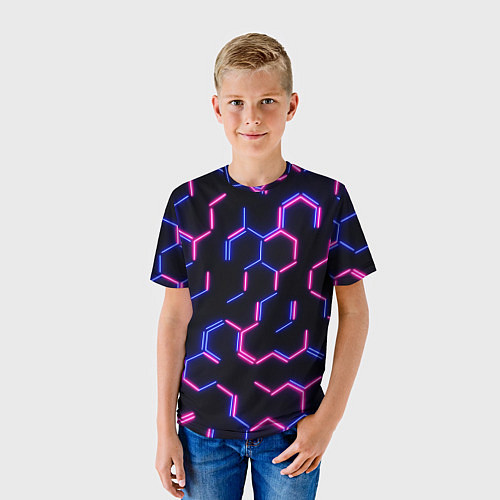 Детская футболка Сине-розовые неоновые неполные гексагоны / 3D-принт – фото 3