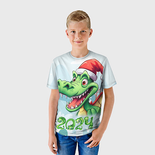 Детская футболка Зеленый счастливый дракон новогодний / 3D-принт – фото 3