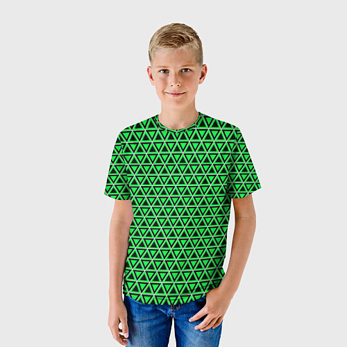 Детская футболка Зелёные и чёрные треугольники / 3D-принт – фото 3