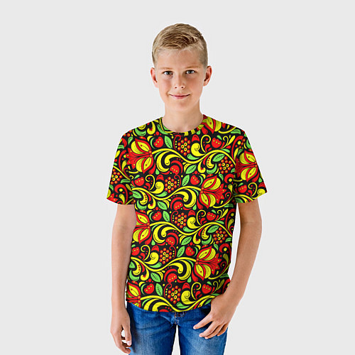 Детская футболка Хохломская роспись красные цветы и ягоды / 3D-принт – фото 3