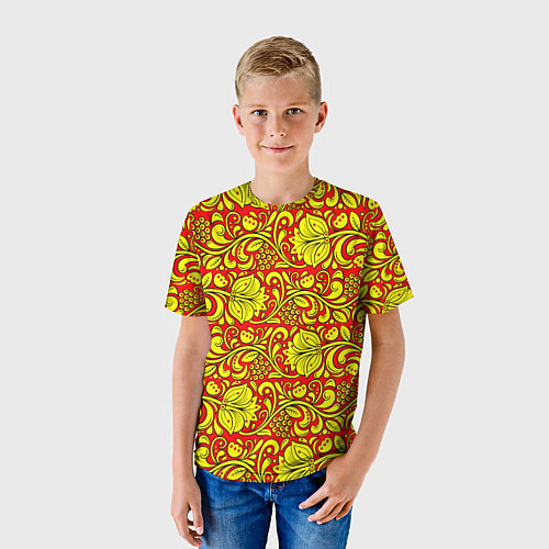 Детская футболка Хохломская роспись золотистые цветы и ягоды на кра / 3D-принт – фото 3