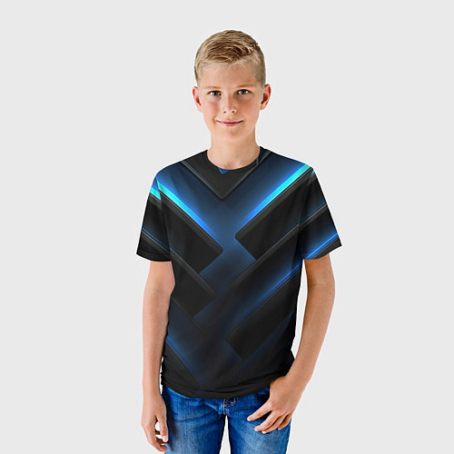 Детская футболка Черный абстрактный фон и синие неоновые вставки / 3D-принт – фото 3