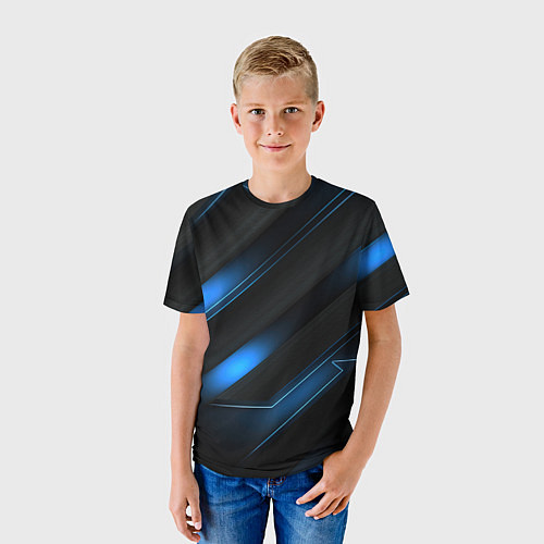 Детская футболка Синий неоновый яркий свет на черном абстрактном фо / 3D-принт – фото 3