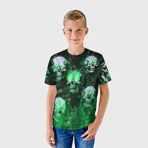 Детская футболка Зелёные черепа на зелёном фоне / 3D-принт – фото 3