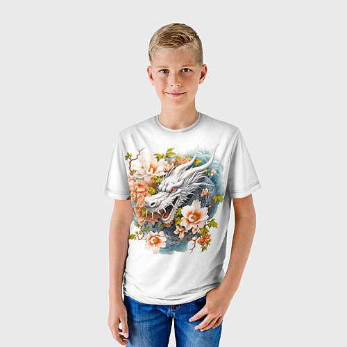 Детская футболка Китайский дракон в цветах сакуры / 3D-принт – фото 3