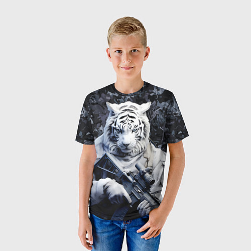 Детская футболка Белый тигр солдат зима / 3D-принт – фото 3