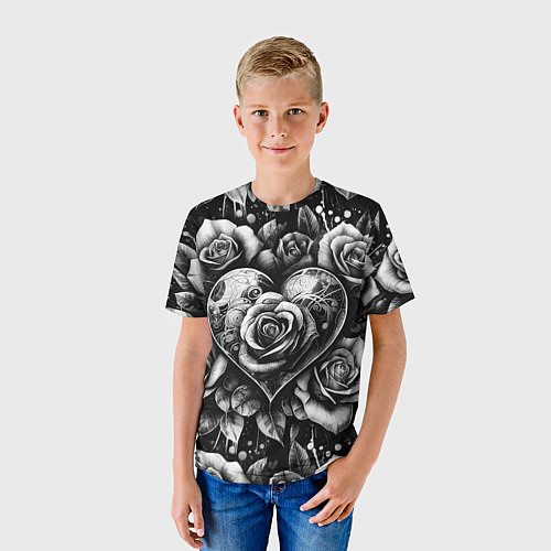 Детская футболка Черно белое сердце и розы / 3D-принт – фото 3