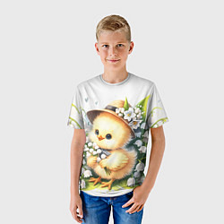 Футболка детская Мультяшный цыпленок с цветами ландыша, цвет: 3D-принт — фото 2
