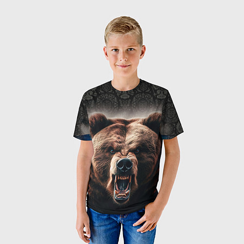 Детская футболка Агрессивный медведь на фоне флага России / 3D-принт – фото 3