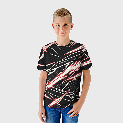 Детская футболка Красные и белые полосы на чёрном фоне / 3D-принт – фото 3