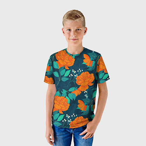 Детская футболка Паттерн с оранжевыми цветами / 3D-принт – фото 3
