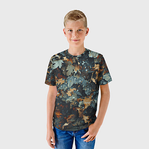 Детская футболка Реалистичный камуфляж из сухих листьев / 3D-принт – фото 3
